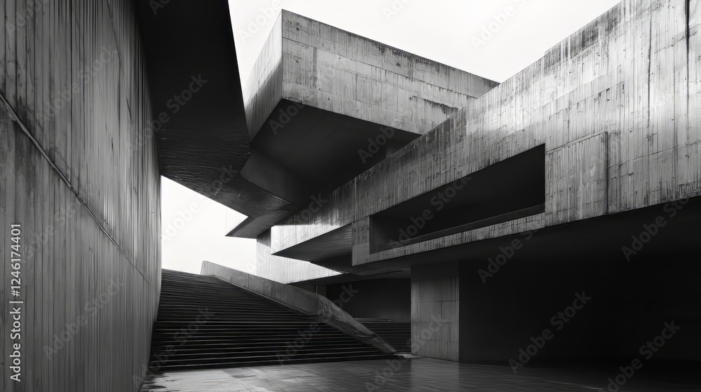 Brutalist architectural structure in black and white with imposing concrete forms, sharp geometric angles, and dramatic lighting, creating a modern industrial aesthetic. AI generative. Brutalist architectural structure in black and white with imposing concrete forms, sharp geometric angles, and dramatic lighting, creating a modern industrial aesthetic. AI generative.