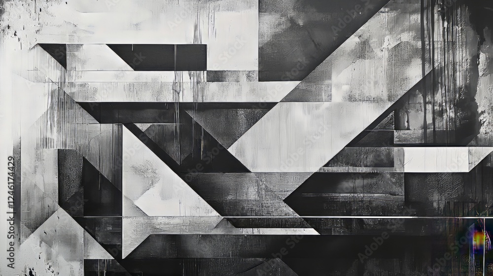 Abstract geometric composition in black and white with sharp angular shapes, textured surfaces, and a bold, modern industrial aesthetic. AI generative. Abstract geometric composition in black and white with sharp angular shapes, textured surfaces, and a bold, modern industrial aesthetic. AI generative.