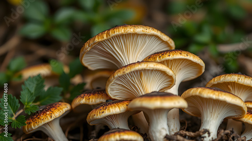 Fresh oyster mushrooms as background, macro view. Generative AI photo