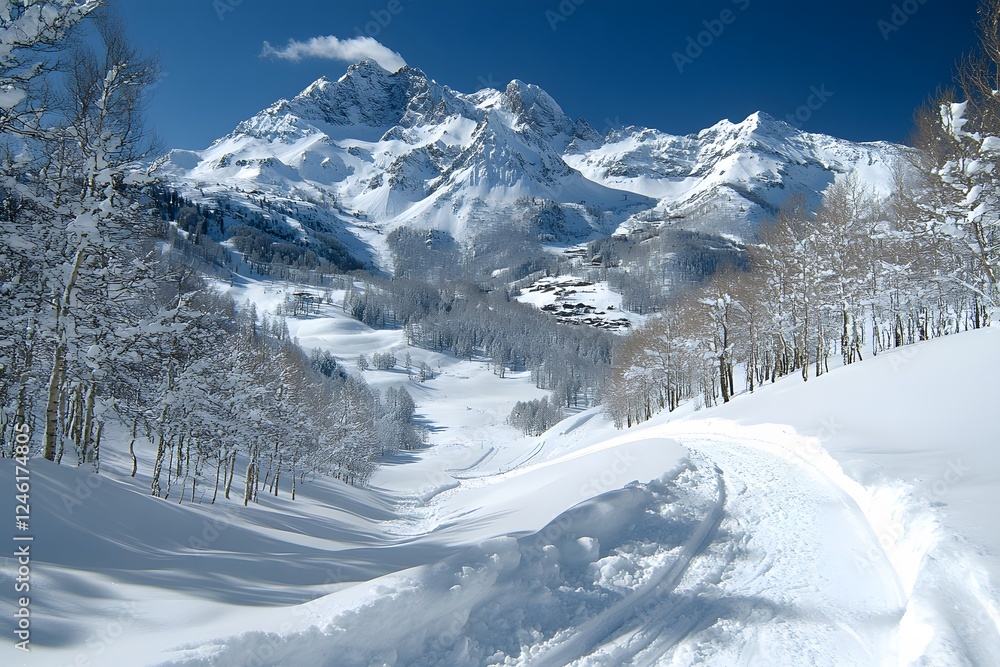 Snow-Covered Mountain Landscape for Winter Adventure and Tranquil Scene Design Snow-Covered Mountain Landscape for Winter Adventure and Tranquil Scene Design
