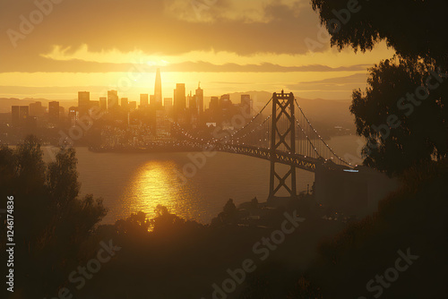 Golden hour cityscape panorama showcasing San Francisco's iconic skyline and bridge at sunset.