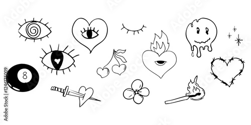 Psychedelic doodle heart barbed wire, with fire nd eye, graffiti groovy set. Retro tattoo grunge lucky ball, disko ball. Street sketch skull and fire vintage aesthetic.