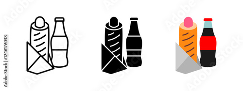 Hotdog icon. Hot dog with soda drink vector illustration. Fast food and soda symbol. Snack and meal sign. Refreshment drink with street food pictogram.