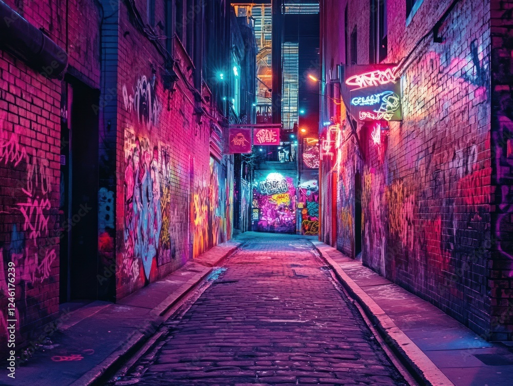 Fototapeta premium Neon-lit graffiti alley at night; urban background, perfect for cyberpunk themes