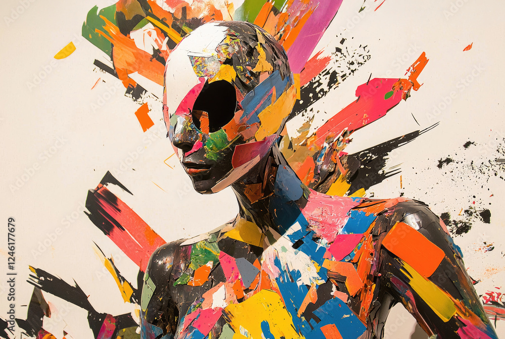 mannequin covered in vibrant, fragmented paint splashes stands against chaotic background, illustrating sense of artistic expression and creativity