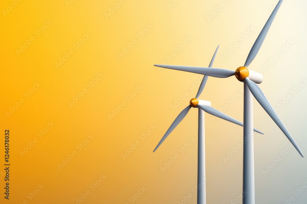 Fototapeta premium Two wind turbines stand against a gradient orange background, symbolizing renewable energy and the transition to sustainable power sources.