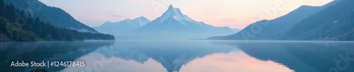 Misty mountain peak reflections in serene lake water, mist, calm, water reflection
