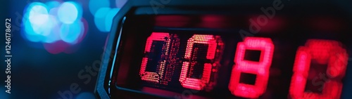 Red digital clock showing 0008, neon lights