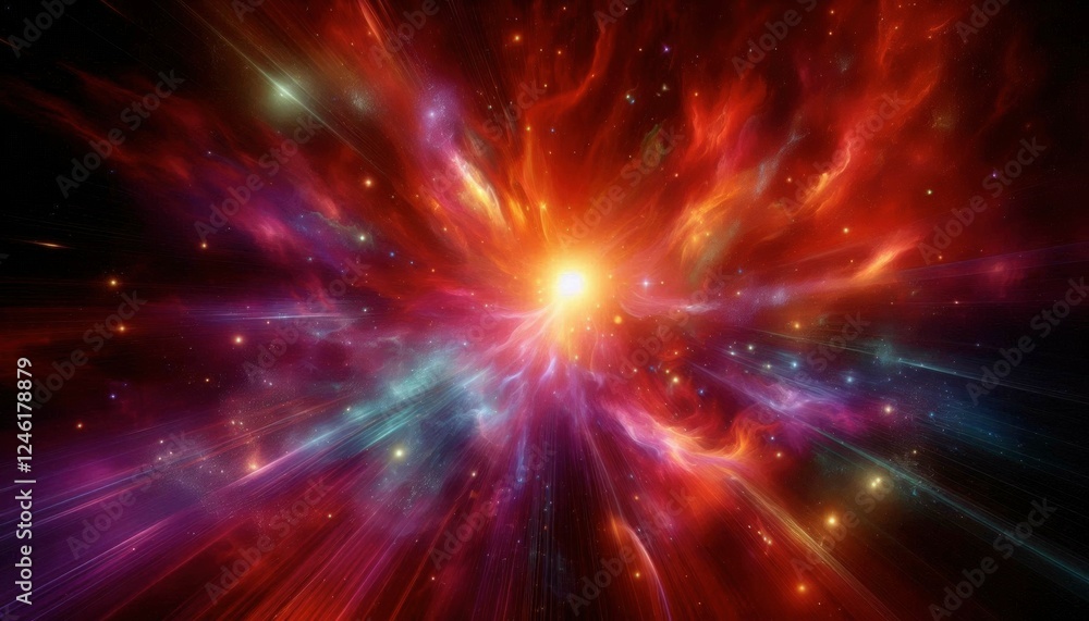 A mesmerizing conceptual abstract image of a supernova explosion, radiating vibrant red, orange, and purple hues. The cosmic background is filled with swirling nebulae and interstellar dust, creating A mesmerizing conceptual abstract image of a supernova explosion, radiating vibrant red, orange, and purple hues. The cosmic background is filled with swirling nebulae and interstellar dust, creating