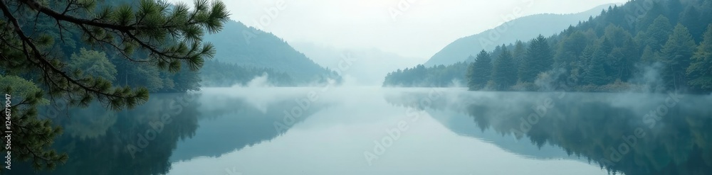 Fototapeta premium Misty lake reflection with pine branch Karpary, mist, nature, peaceful