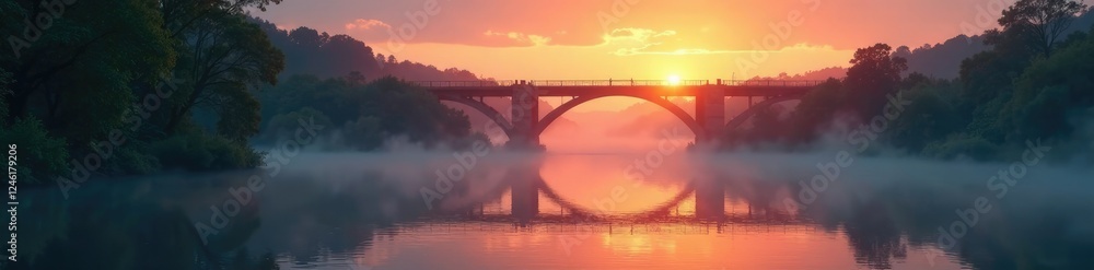 Fototapeta premium Misty dawn breaking on a river beneath a broken bridge, sunrise, river, peaceful
