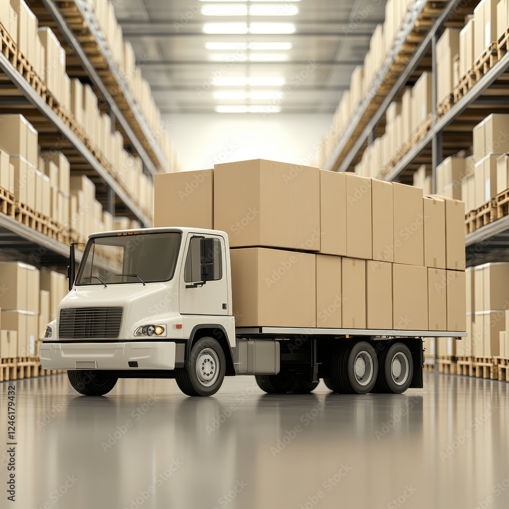 Naklejka premium Delivery truck in a warehouse environment.