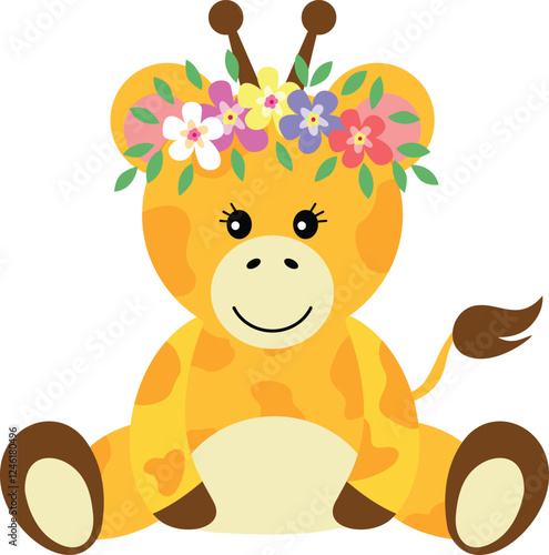 Adorable giraffe sitting with wreath floral on head