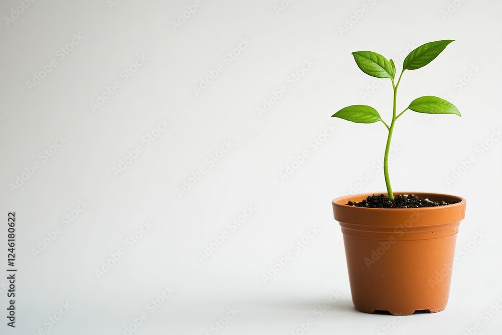 small pot from which sprouts a green stem, small green leaves and stems. small pot from which sprouts a green stem, small green leaves and stems.