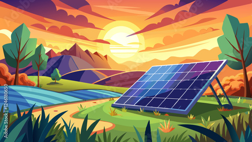 Solar panel at grass outdoor nature sunset sun landscape. Alternative eco power energy electricity.
