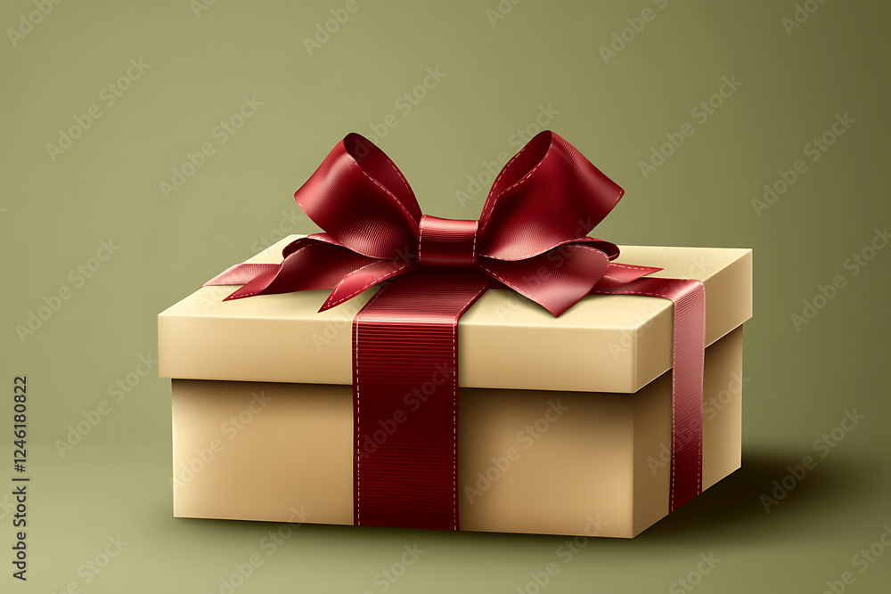 Fototapeta premium A beautifully wrapped gift box with a red ribbon on a soft green background.