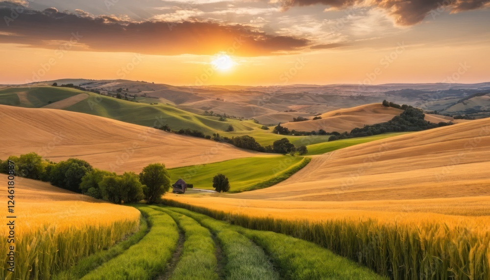 Naklejka premium Rolling Hills with Golden Wheat Fields at Sunset