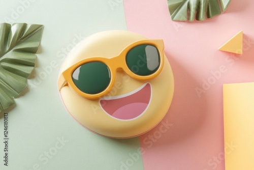 Retro Illustrated Emoji Wearing Sunglasses on a Vibrant Neon Pink and Green Backdrop With Geometric Accents photo