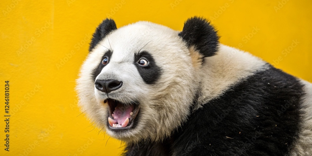 Fototapeta premium Cute panda bear looking excited with wide eyes and open mouth reaction 