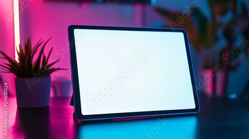 High-end tablet with a sleek frame, set in a gaming desk with vibrant RGB lighting, displaying a white screen