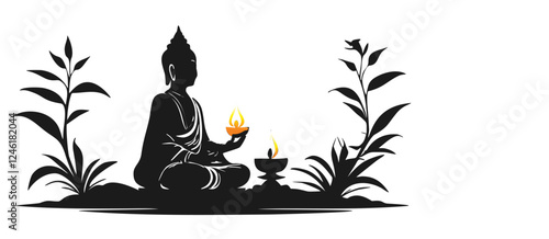 Vesak Day Monochrome Silhouette – Buddha Meditation on Lotus