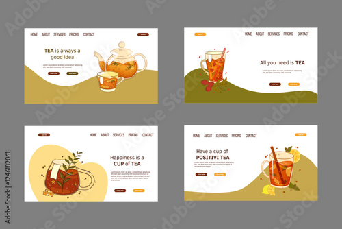 Web banner set template with tea, teacups, teapot. For poster, card, banner, discount, special offer. Vector illustration EPS10 
