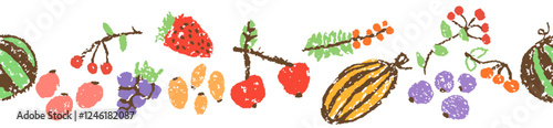 Hand drawn fruit vegetables seamless border pattern. Healthy food background. Crayon like kid`s style colorful bright funny cartoon doodle frame. Vector pastel chalk or pencil childlike berries, melon