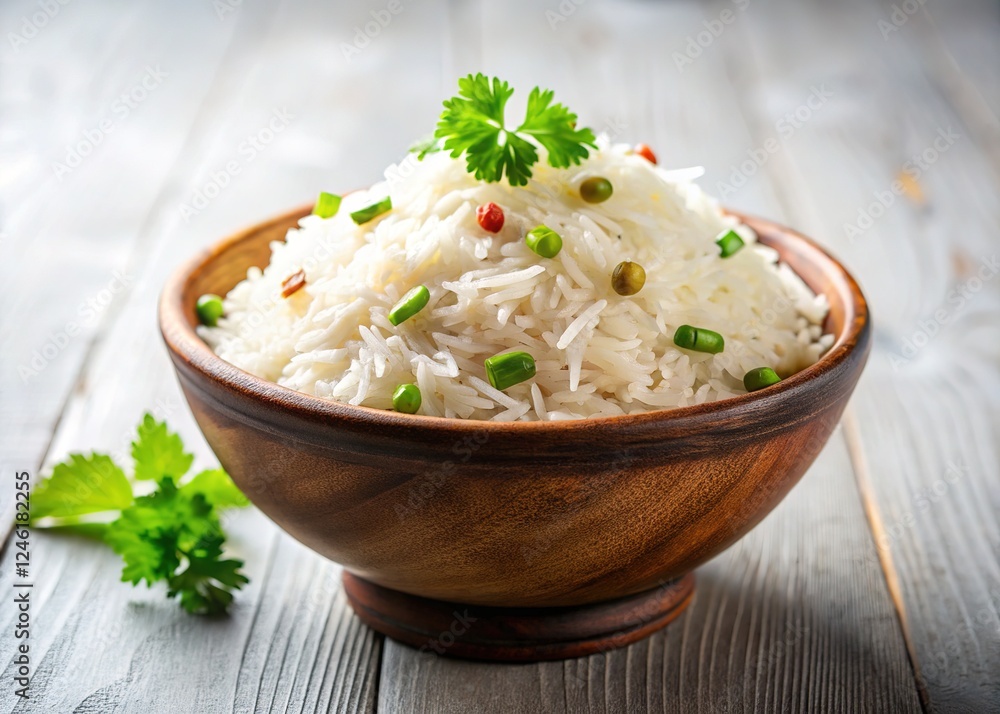 Basmati rice bowl, close-up candid style, white backdrop. High-end cuisine. Basmati rice bowl, close-up candid style, white backdrop. High-end cuisine.