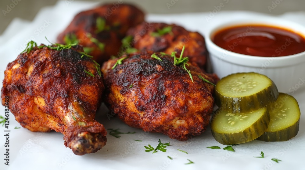 A plate of spicy chicken drumsticks served with pickles and dipping sauce. A plate of spicy chicken drumsticks served with pickles and dipping sauce.
