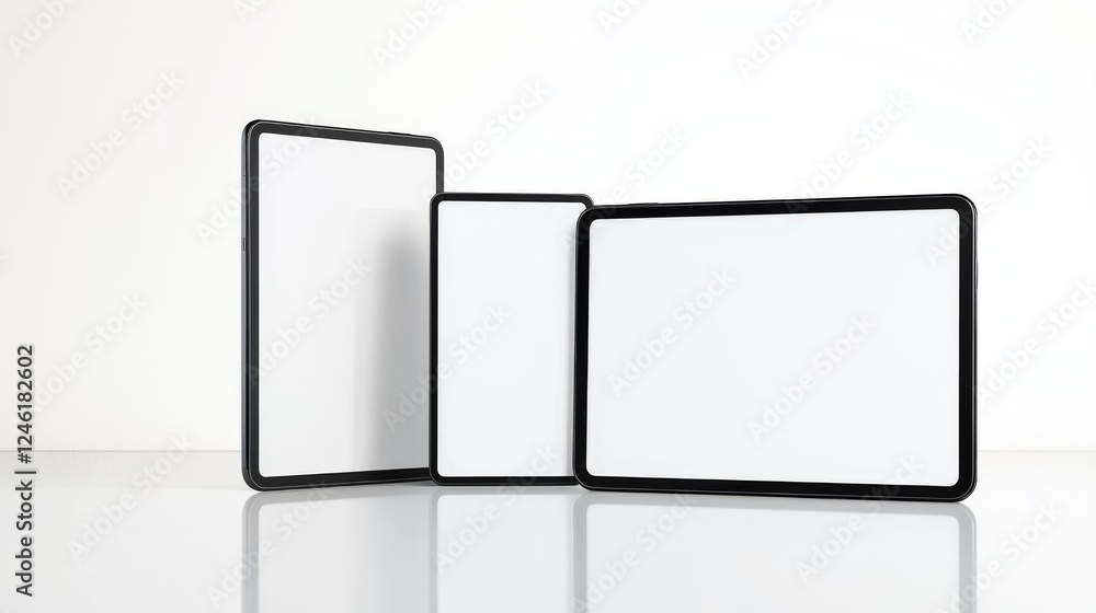 Minimalist tablet presentation with multiple perspectives, white background, blank screen for design