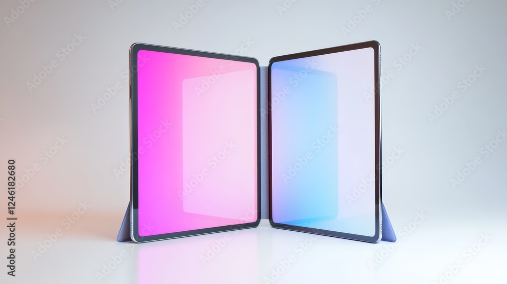 High-resolution multi-view tablet mock-up, white background, front and back display, white screen High-resolution multi-view tablet mock-up, white background, front and back display, white screen