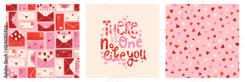 Lovely hand drawn Valentine's Day seamless patterns and hand lettering, cute envelopes with decorations background - great for textiles, cloth, banners, wallpapers, wrapping, vector