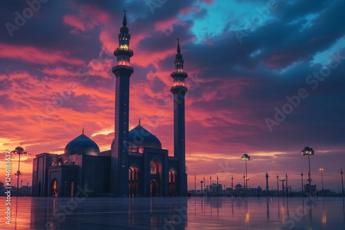 Dramatic sunset illuminating majestic mosque, reflecting in wet plaza photo