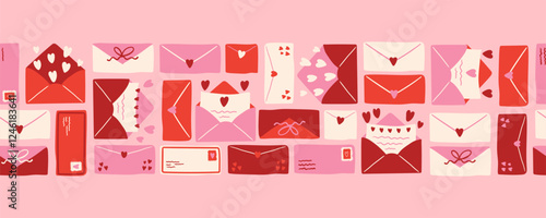 Lovely hand drawn Valentine's Day seamless pattern, cute envelopes with decorations background - great for textiles, cloth, banners, wallpapers, wrapping, vector