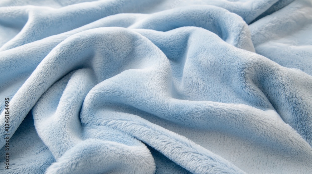 Fototapeta premium A plush, powder blue blanket lies gracefully folded on a soft surface, inviting moments of coziness and relaxation. Its gentle texture complements a calming atmosphere, perfect for unwinding