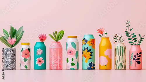 Colorful decorative vases in various designs arranged on a pastel pink background showcasing creative floral patterns