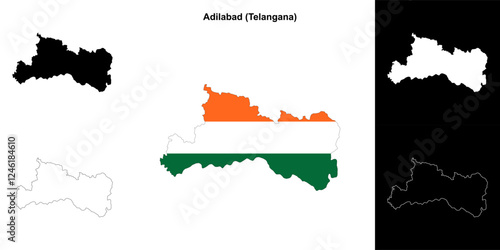 Adilabad district (Telangana) blank outline map set photo