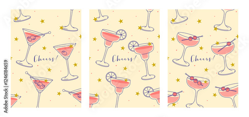 Cosmopolitan, martini and margarita Cocktails Modern flat prints. Colorful background with cocktail glasses. Cafe, bar and restaurant concept poster and web banner. Vector illustration