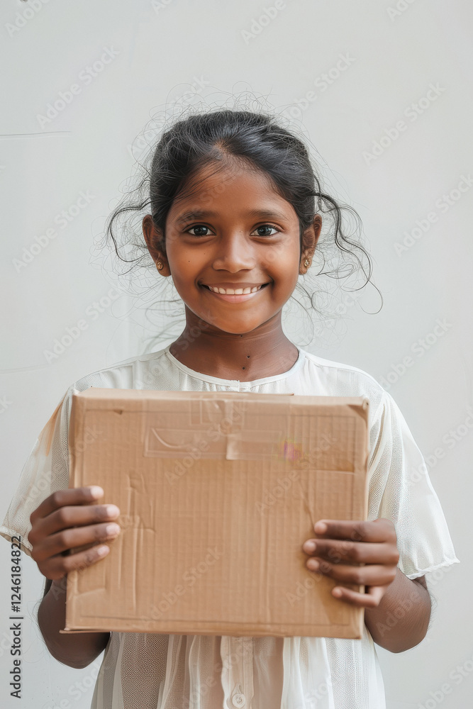 happy indian girl holding cardboard box on white background