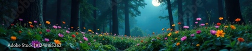 Dark forest floor covered in wildflowers blooms under the moonlight, greenery, dark