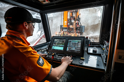 The operator controls the drilling rig from the cabin photo