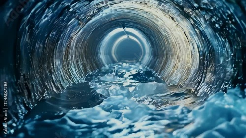video of underground urban sewer tunnel with vaulted ceilings, filled with dirty sewage