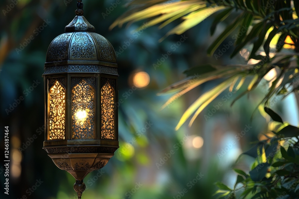 Illuminated Moroccan lantern hanging amidst lush foliage, garden backdrop, Ramadan Illuminated Moroccan lantern hanging amidst lush foliage, garden backdrop, Ramadan