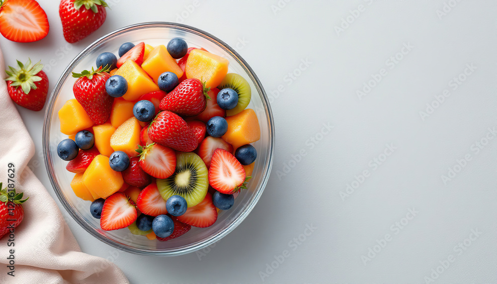 Fresh Fruit Salad in Glass Bowl Strawberries Blueberries Cantaloupe Kiwi Fresh Fruit Salad in Glass Bowl Strawberries Blueberries Cantaloupe Kiwi