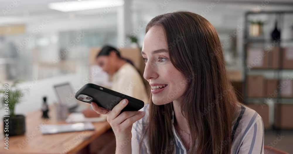 Woman, boxes or logistics with speaker phone for audio message or voice note at warehouse. Female person, distributor or speaking on mobile smartphone for recording, online order or schedule delivery Woman, boxes or logistics with speaker phone for audio message or voice note at warehouse. Female person, distributor or speaking on mobile smartphone for recording, online order or schedule delivery