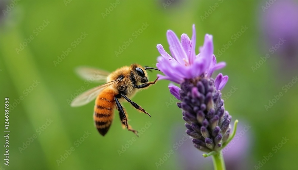Bee Approaching Lavender, In Mid-Flight, Softly Blurred Background Bee Approaching Lavender, In Mid-Flight, Softly Blurred Background