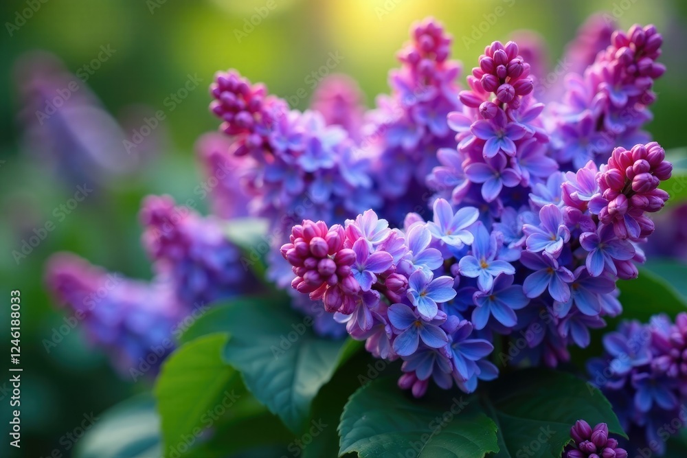 A stunning lilac bush with an abundance of purple and blue irises in full bloom, spring, bush