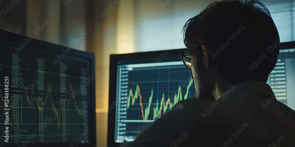 Analyst reviewing stock market data at night Analyst reviewing stock market data at night