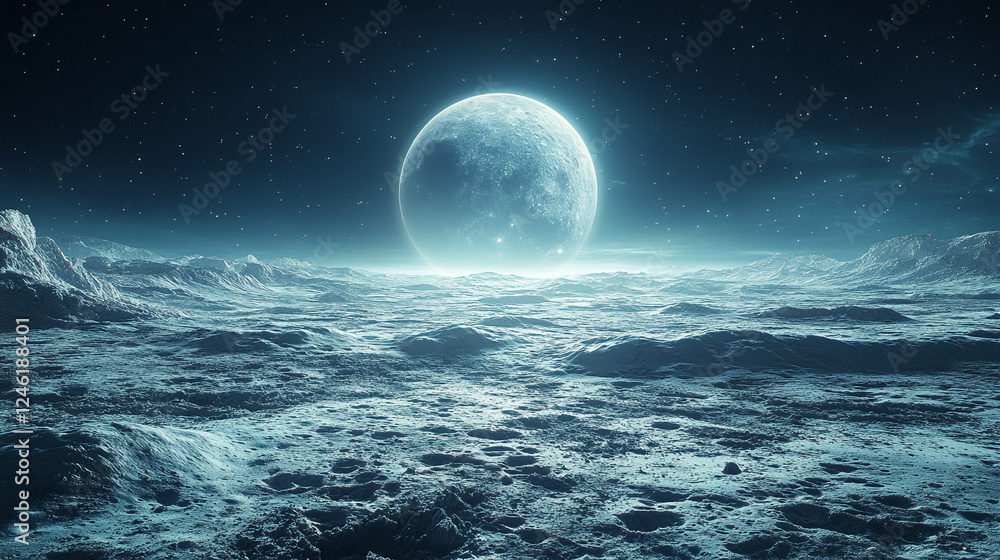 Fototapeta premium Alien Planet Landscape Night Scene Huge Moon Blue Space Fantasy Art Cold Dark Stars World Cosmos 