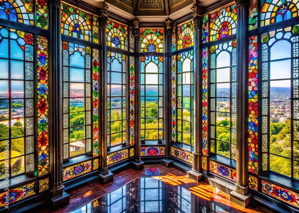 Obraz premium Drone captures stained glass artistry at Chapultepec Castle, Mexico City's architectural jewel.